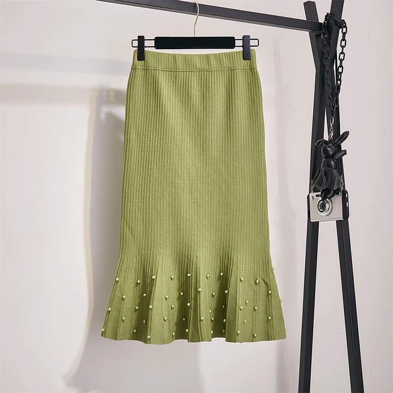 Женская юбка мода Вязание Русалочка жемчуг зима Юбка карандаш шерсть Большая