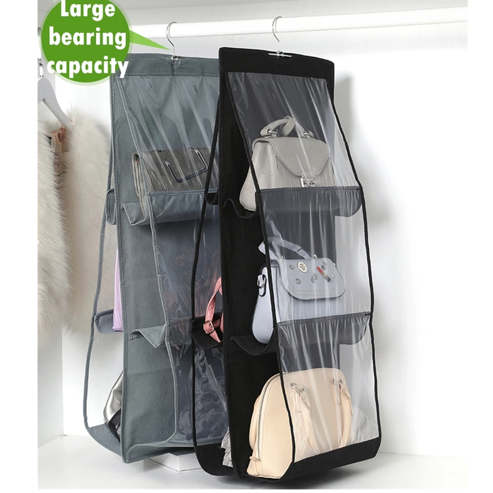 6 Pocket Clear Handbag Hanging Storage Bag 3 Layer Foldable Anti-dust Organizer Hanger Sanitary Pouch Wardrobe Closet Rack Bags | Дом и сад