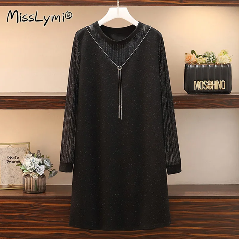 

Женское элегантное черное короткое платье большого размера, осень 2022, сексуальное прозрачное Сетчатое лоскутное платье с длинным рукавом