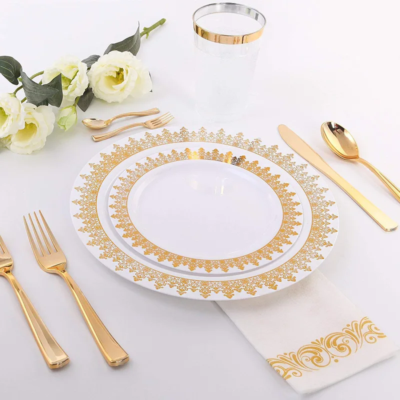 

Plastic Dinnerware Gold Disposable Tableware Sets Dinner Knife Fork Spoon Wedding Party Event Supply Christmas 150pcs 50 set