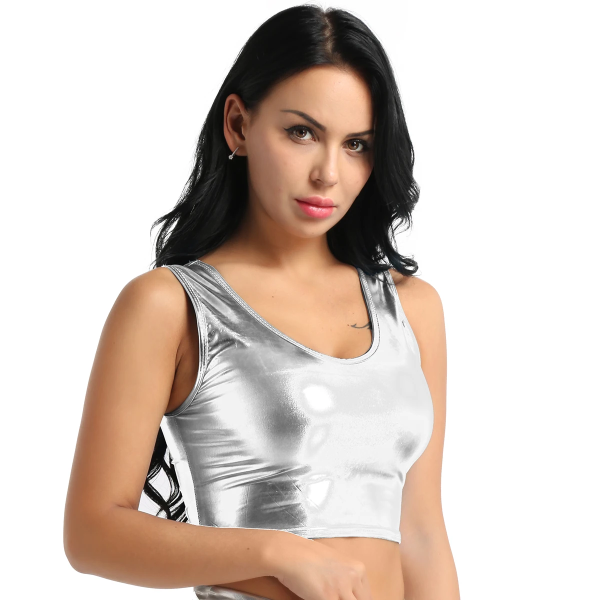 Womens Bustier Blouse Shirt Pole Dance Rave Crop Top Fashion Shiny Metallic Scoop Neck Tank Vest for Clothing |