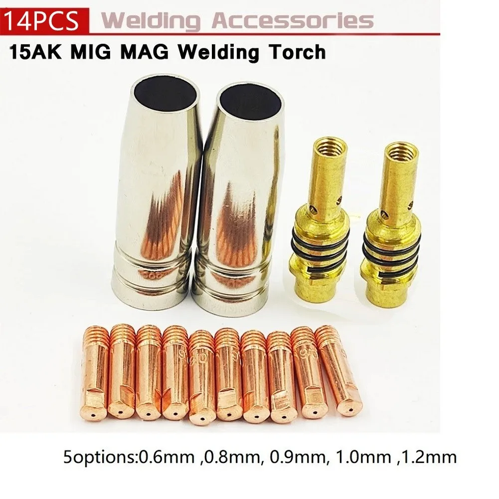14 Pcs 15AK Welding Torch Consumables 0.6-1.2mm MIG Torch Gas Nozzle Tip Holder Welding Equipment Accessories
