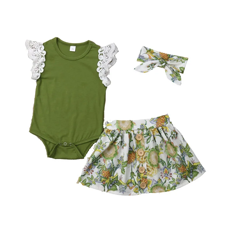 3 шт. кружевные боди с коротким рукавом юбка цветочным принтом и повязка на голову