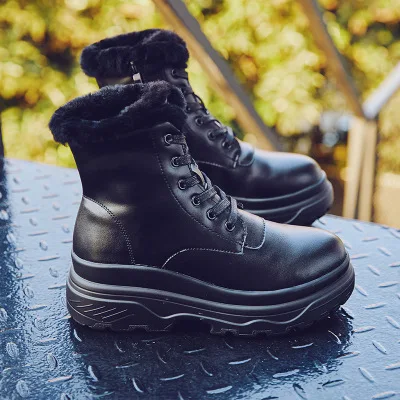 Black Женские кожаные зимние ботинки; теплая зимняя обувь из шерстяного плюша; женские ботильоны на резиновой подошве; женские зимние сапоги; зимняя обувь на высоком каблуке - Цвет: Black