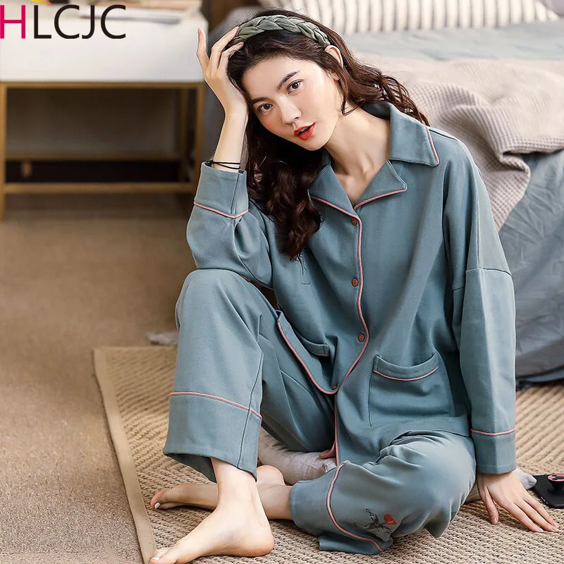 Женский пижамный комплект Осень зима 2020 длинный хлопковый с длинным рукавом