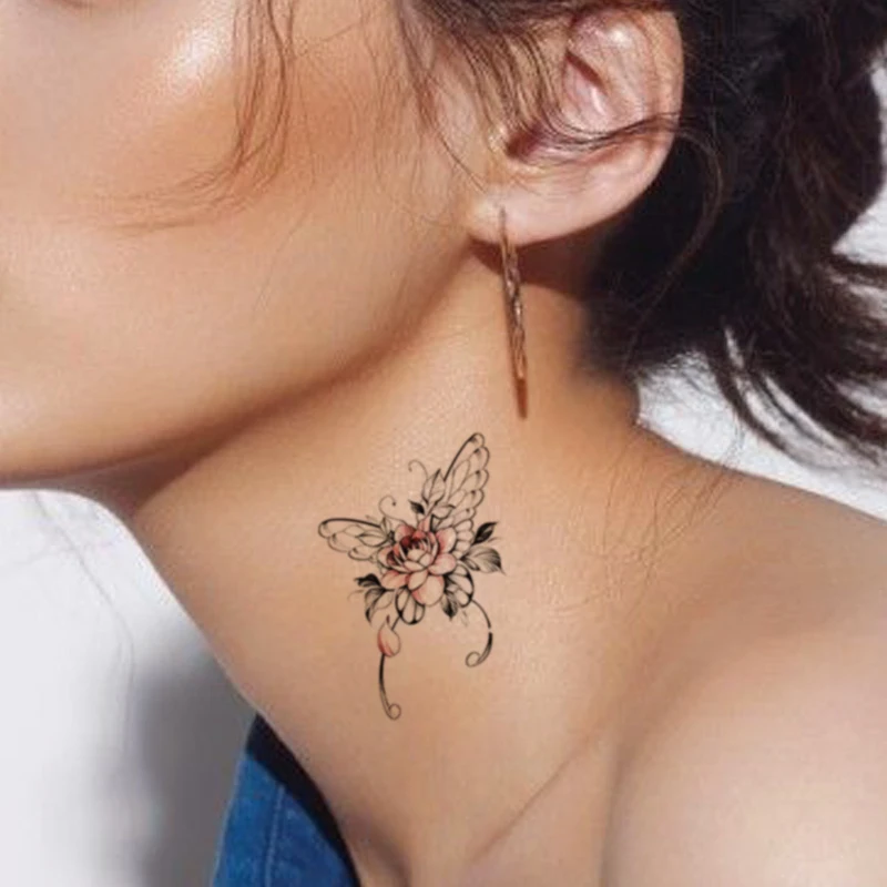 

Colorful Butterfly Flower Leaves Waterproof Temporary Tattoo Sticker Black Tatto Body Art Chest Neck Arm Girl Women Fake Tatoo