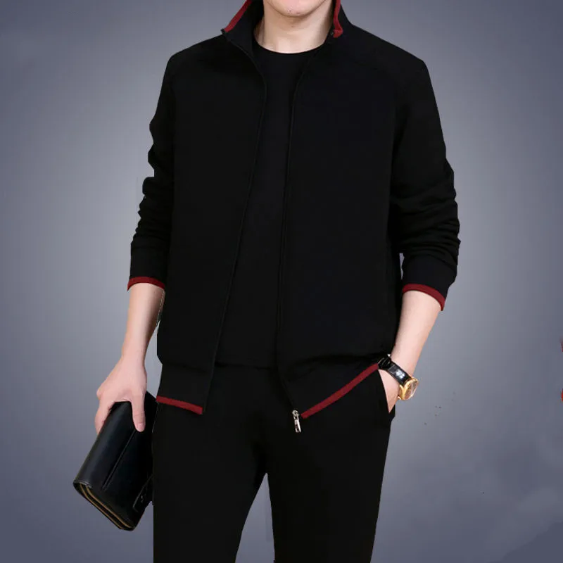 black sets Spring Autumn Men's Sweatshirt Set Two-piece Set Loose Sportwear Suit Casual Wear Tracksuit Men Dad Suit Chandal Hombre - Цвет: black sets