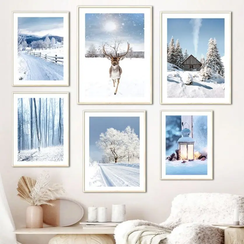 

Winter Snow Sunlight Forest Lake Deer Cabin Nordic Posters And Prints Wall Art Canvas Painting Pictures For Living Room Decor