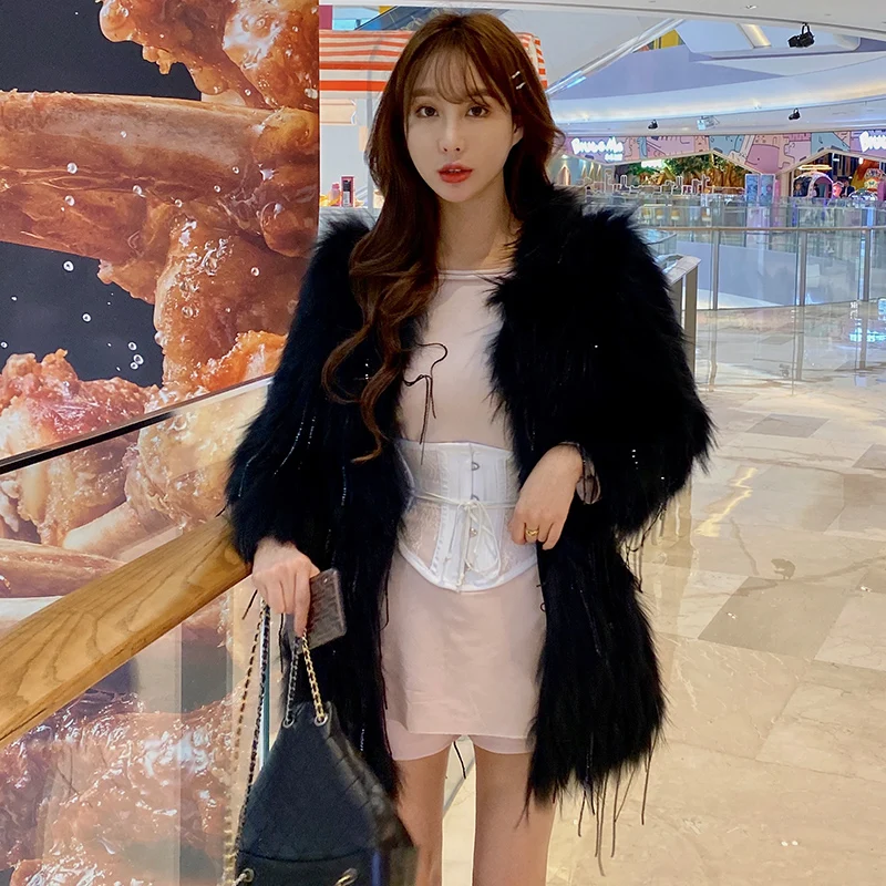 RosEvans Women Ins Real Raccoon Fur Knitted Fur Jacket Coat Mid-Length 2020 Winter New Tassel Crystal Young Girl Korean