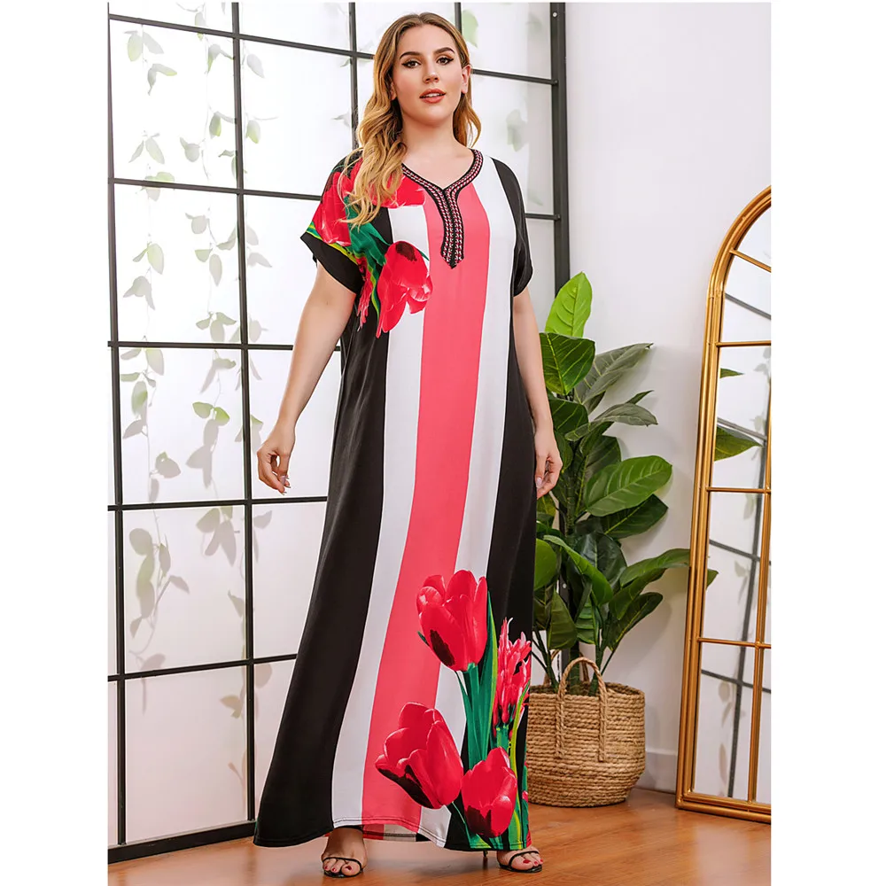 

Dubai Kaftan Muslim Printed Long Dress Maxi Robe Loose Casual Abaya V-neck Summer Short Sleeve Ramadan Islamic Vestido Plus Size