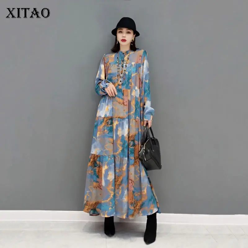 

XITAO Vintage Print Shirt Dress Fashion Pleated Splicing Hem Loose Temperament All-match Women Autumn Winter Base Dress LL1076