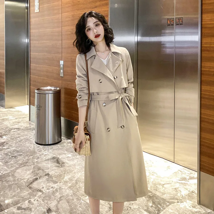 

New England wind double-breasted lace-up windbreaker over-the-knee long thin type of trench coat female temperament Autumn Winte