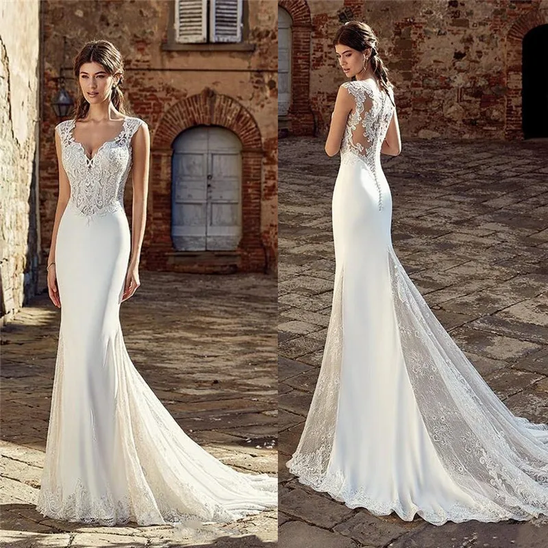 

Off Shoulder Mermaid Wedding Dresses Lace Appliques Natural Slim Bride Wedding Gowns Custom Made Garden Wedding Dress 2021