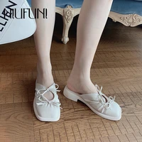 retro design bow lace up women slippers 2021 summer casual wear low heel slip on slides shoes sandals hollow houndstooth leather