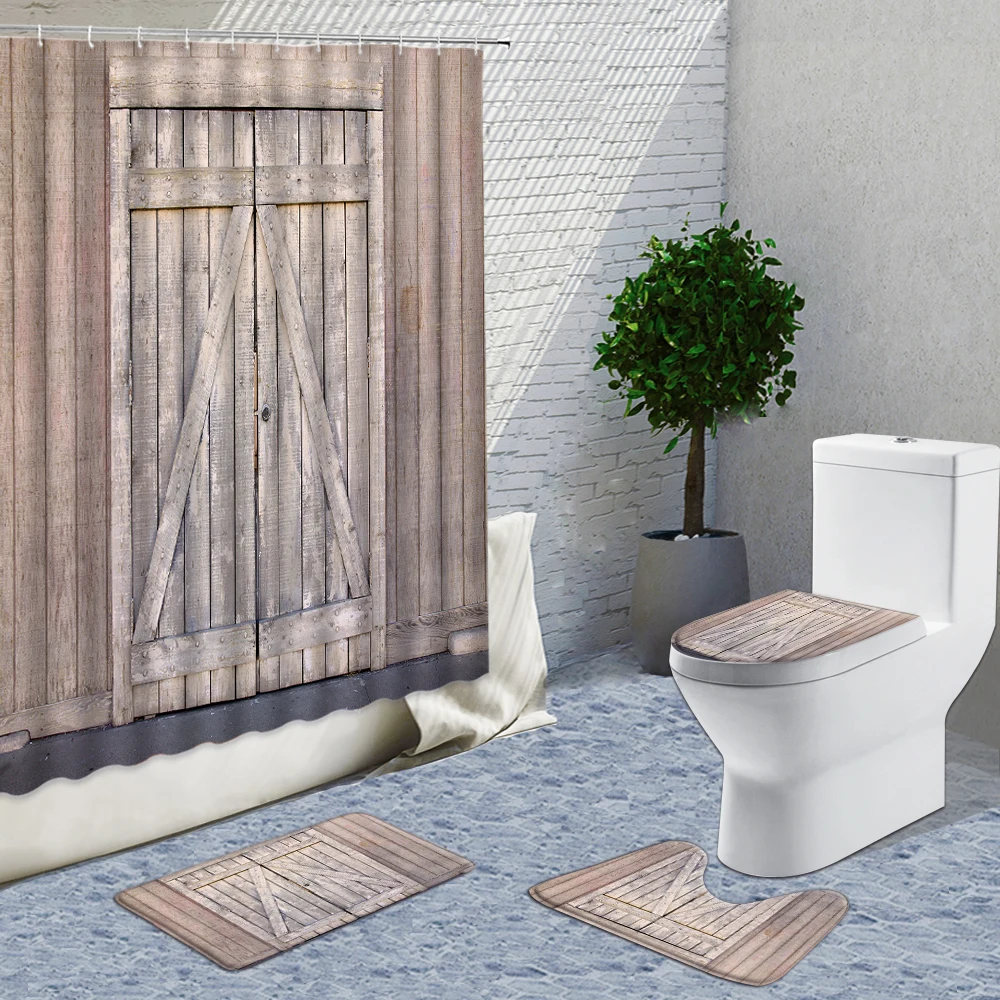 

Old Vintage Wood Doors Shower Curtain 4pcs Sets Toilet Cover Mat Non Slip Rugs Carpet Home Decor Fabric Bathroom Curtain Set