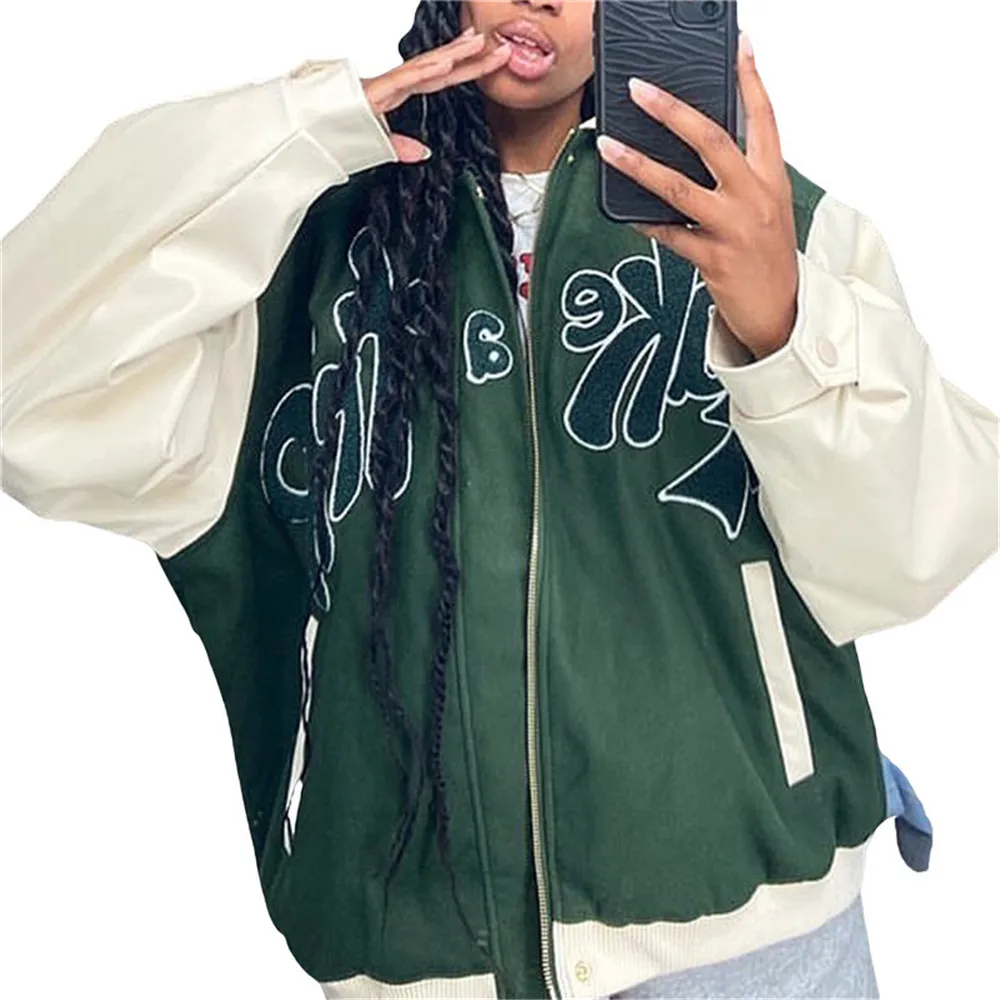 

Women Loose Oversize Zip Up Baseball Jackets Coat Autumn Clothes Casual Long Sleeve Letter Embroidery Bomber Jackets with Pocket