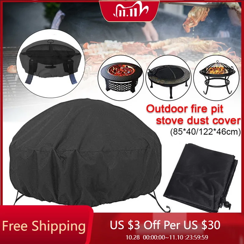 

Round Polyester Patio Easy Clean Outdoor Waterproof Protective Garden Black Fire Pit Cover BBQ Cooking Anti Dust