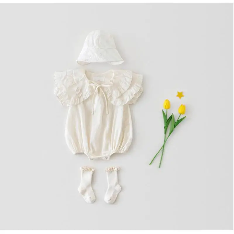 

Toddler Baby Girls Fashion Summer New Clothes Sweet Big Lapel Short Sleeve Bodysuits Kid Solid Casual Cotton Outfits