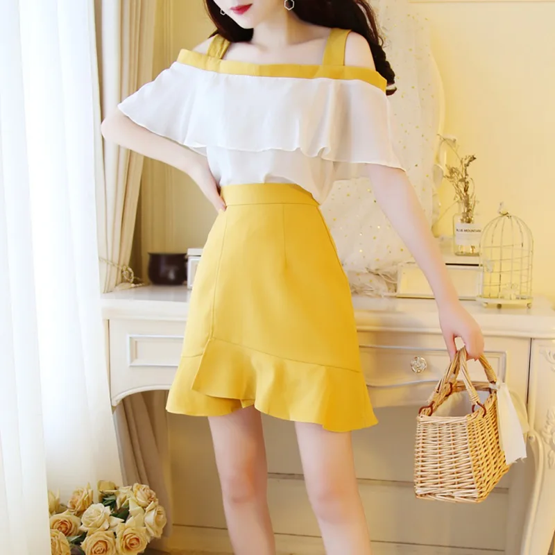 

One-piece Collar Chiffon Top Bag Hip Fishtail Skirt Two-piece Set Black XL
