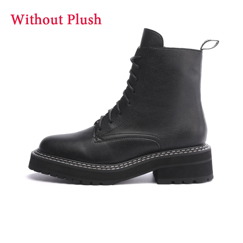 Black Without Plush Г., Новые осенне-зимние ботинки женские черные кожаные мотоциклетные ковбойские ботинки на платформе армейские ботильоны в стиле панк Женская обувь - Цвет: Black Without Plush