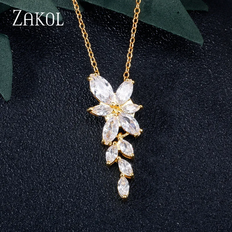 Gold Color Necklace ZAKOL, модные, листовой циркон, висячие серьги для женщин, белое золото, цвет кристалл, свадебные серьги, свадебные ювелирные изделия, подарок brinco FSEP167A - Окраска металла: Gold Color Necklace