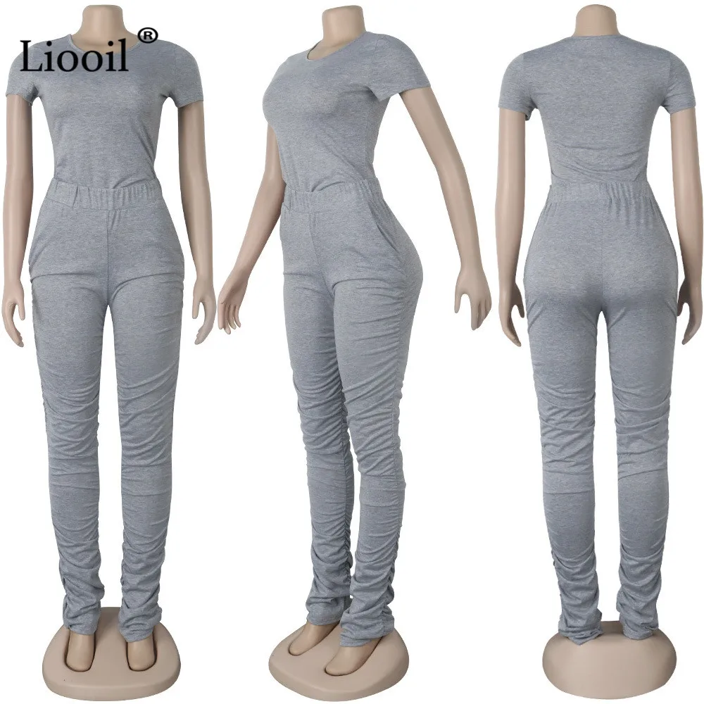 

Liooil Plus Size Two Piece Set Sexy T Shirt Top And Ruched Pants With Pockets 2021 Short Sleeve Casual Jogger Suit Matching Sets