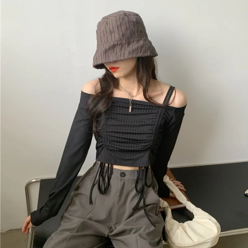 

KUSAHIKI Korean Drawstring Short Graphic Tee Women Slash Neck Long Sleeve Strapless Tshirt 2021 New Slim Femme T Shirts 6F175
