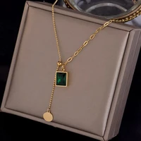 18k gold plated emerald pendant necklace with titanium steel bead and link chain elegant square and disc pendant jewelry gifts