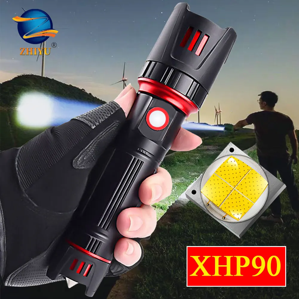 

Светодиодный фонарик ZHIYU XHP90, мощный супер яркий фонарь с зумом, фонасветильник с USB-зарядкой, водонепроницаемый светильник для кемпинга, 5 ре...