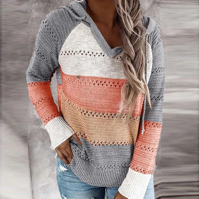 

Streetwear Women Knitted Hoodies Striped Sweatshirt Casual Patchwork V-Neck Long Sleeve Pullover Tops Oversized Hoodie 2020