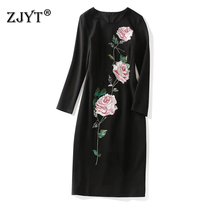 

Runway Fashion 2022 Spring Women's Flower Embroidery Office Dress Black Vestidos Long Sleeve Designer Midi Party Robe Femme