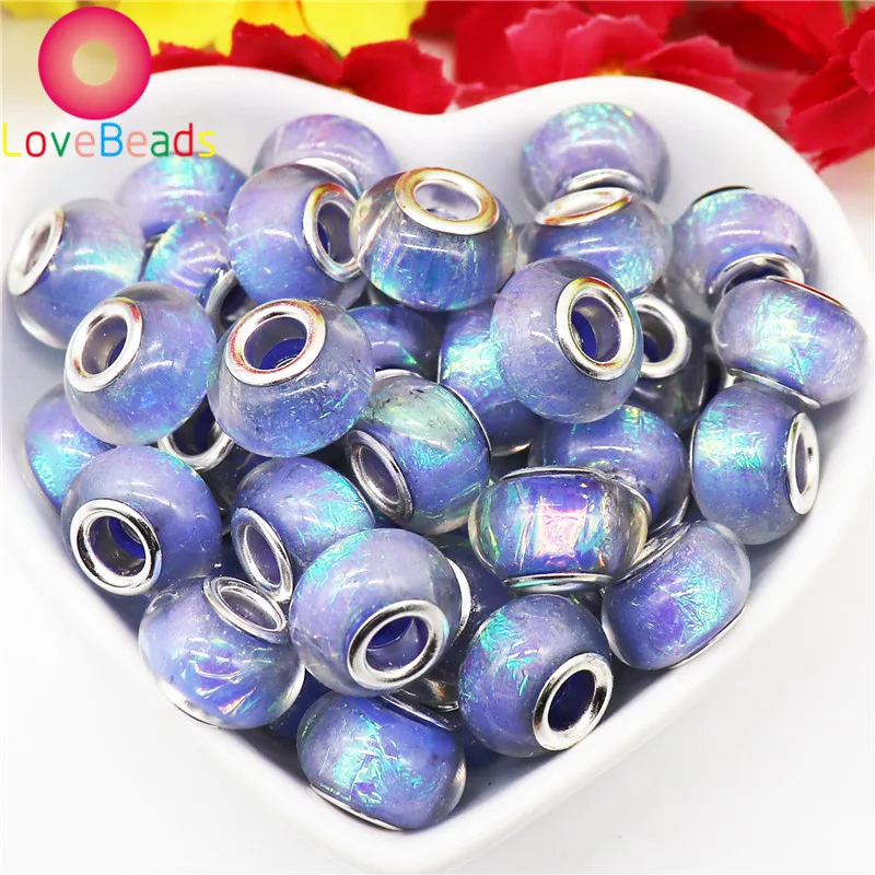 

10Pcs Blue Tinfoil Color Murano Charm Resin Bead Large Hole Spacer Beads Fit European Charm Bracelet for Women Jewelry Making