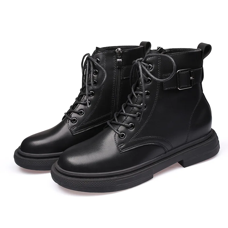 

with raised middle heel in front Net red fashion shoes lace up, boots, women's British style medium boots