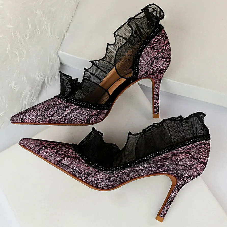 Фото 2020 8 см женские туфли на высоком каблуке-шпильке фиолетового цвета с украшениями