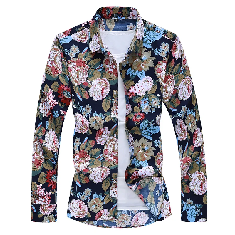 2021 Men Casual Shirt Long Sleeve Men's Floral Shirts Hawaii Casual Male Flower Print Beach Holiday Large Size 6XL 7XL