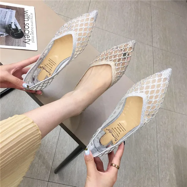 Pointed Shallow Water Diamond Fairy Wearing Flat Sole Single Shoe Mesh Air Permeable Hollow Beans Shoes  female shoes
