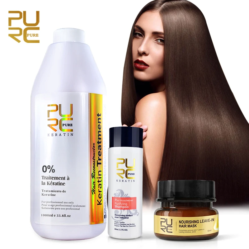 PURC Straightening Hair Product Brazilian Keratin Free Formaldehyde and 100ml Purifying Shampoo and Leave-In Hair Mask