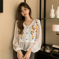 new ins korean chiffon shirt hollow out hook flower stitching lace short cardigan college style coat long sleeve top