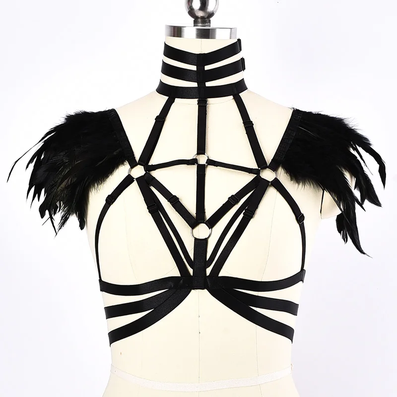 

Gothic Feather Black Neck Collar Harness Clothes Accessories Sexy Lingerie Cage Bra Dance Exaggerate Feather Body Harness