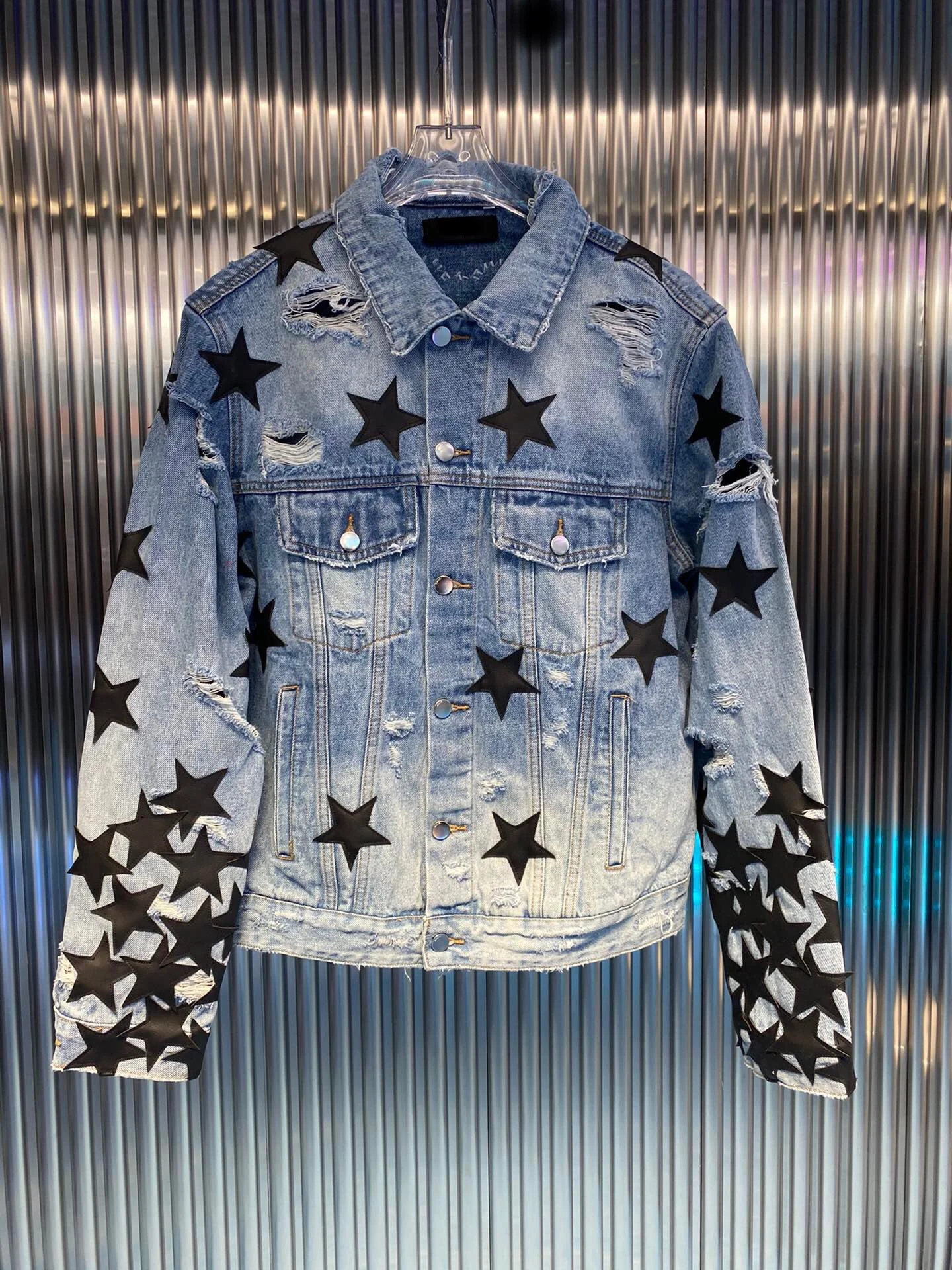 

New style poison full stitching leather five-pointed star leather star hole denim jacket Europe and the United States brand