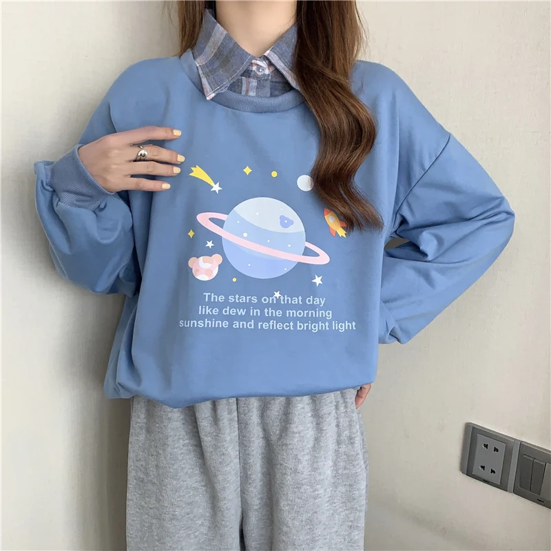 

2021 Autumn New Women Print Long Sleeve Oversized Hoodie Sweatshirt Ladies Streetwear Pullover Tops Loose Cotton