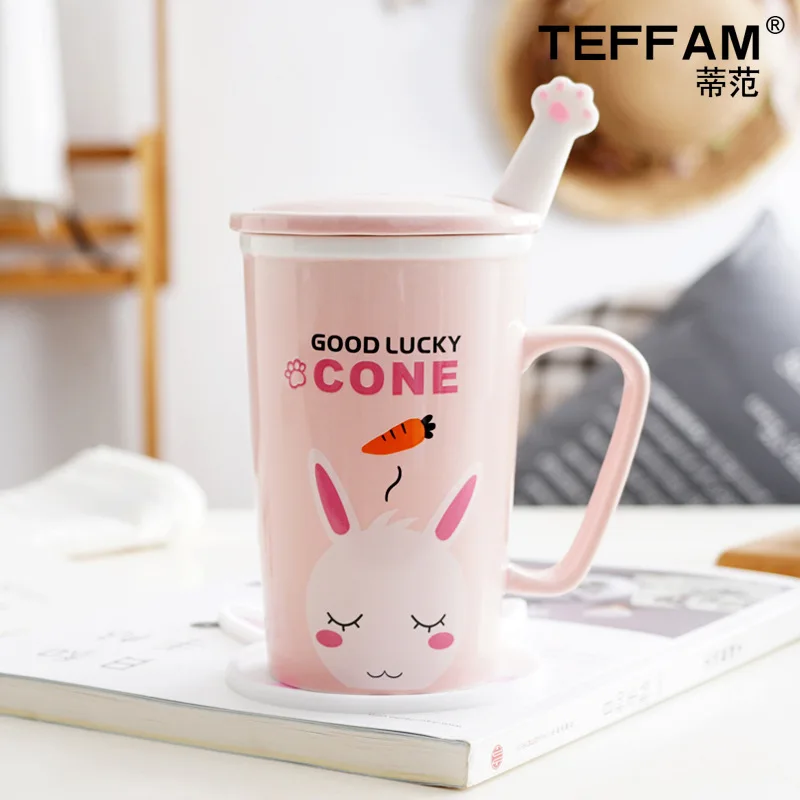Pink Rabbit 360 мл керамические кофейные кружки с изображением животных с крышкой и ложкой, чашки для молока, чая, воды, креативные подарки, мультяшный стиль, обезьяна, кролик, для Чи - Цвет: Pink Rabbit