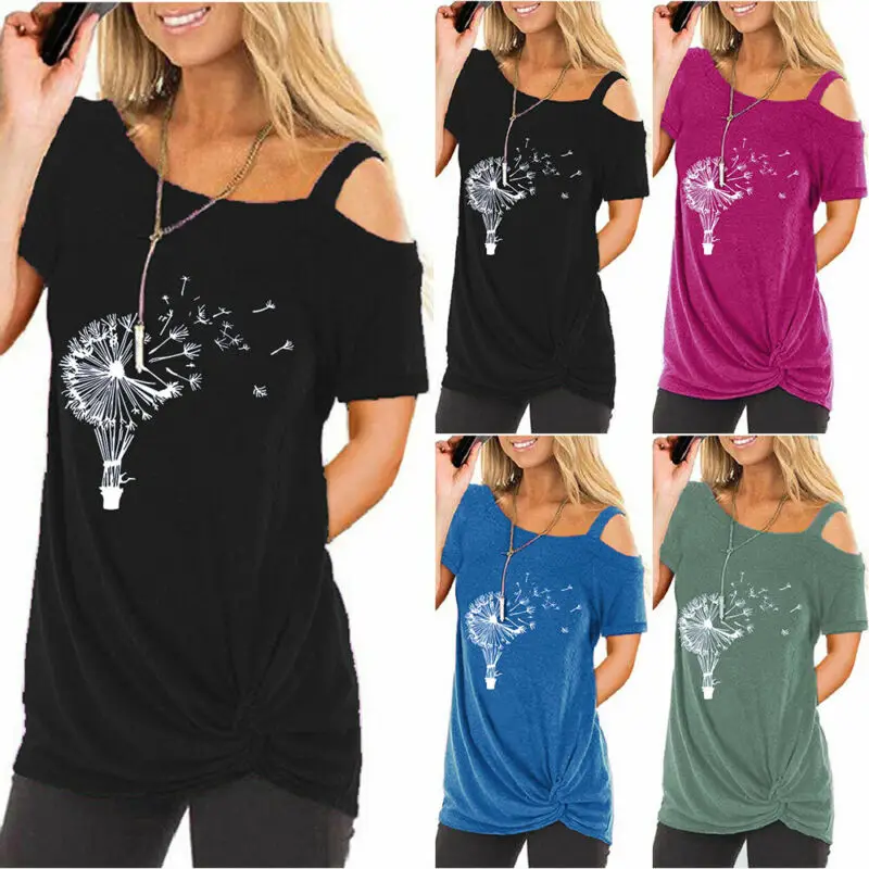 

Женские топы с короткими рукавами и открытыми плечами, круглый вырез, цветочный рисунок, футболка, принт в виде одуванчиков, комплект из фут...