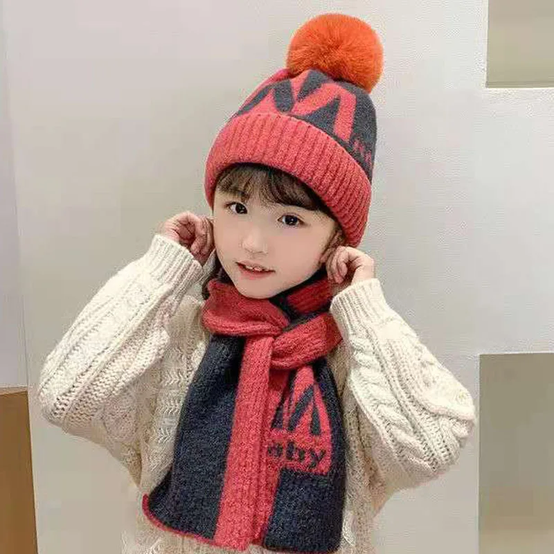 

Winter Children's letter Embroidery Hat Warm With Plush Cap Boys and Girls Pompom Ball Wool Hat Knitted Scarf Two-piece Suit