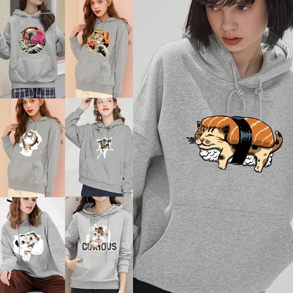 Hoodie Harajuku Cute Cat Print Autumn Clothes Women Fashion Hooded Hiphop Loose Women's Trend Loose All-match Pullover Clothing newest autumn and winter cute garfield print hoodie women s fashion retro hoodie women s cartoon cat harajuku pink pullover