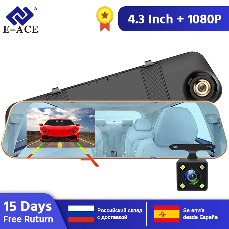 E-ACE, Автомобильный видеорегистратор, зеркальная камера, 4,3 дюймов, видео рекордер, FHD 1080 P, двойной объектив с камерой заднего вида, Автомобильный регистратор, видеорегистратор, видеорегистратор