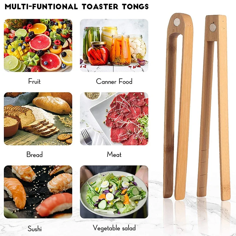 

2 Pieces Magnetic Bamboo Toaster Tongs 8.7 Inch Wooden Kitchen Toast Tongs for Cooking, Natural Bamboo Kitchen Utensils