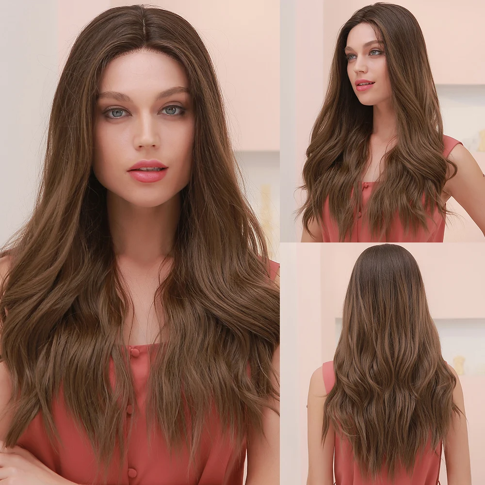 

ALAN EATON Synthetic Lace Front Wig Ombre Brown Natural Wave Long Middle Part Lace Hair Wig for Black Women Heat Resistant Fibre
