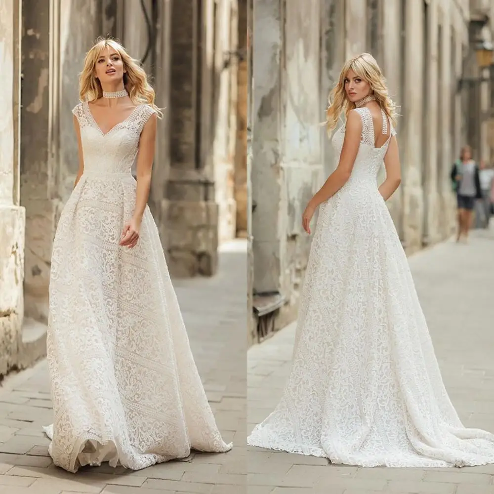

New Arrival Beach Wedding Dress 2020 V Neck A Line Lace Appliqued Boho Robe De Mariée Customize Vestido De Noiva