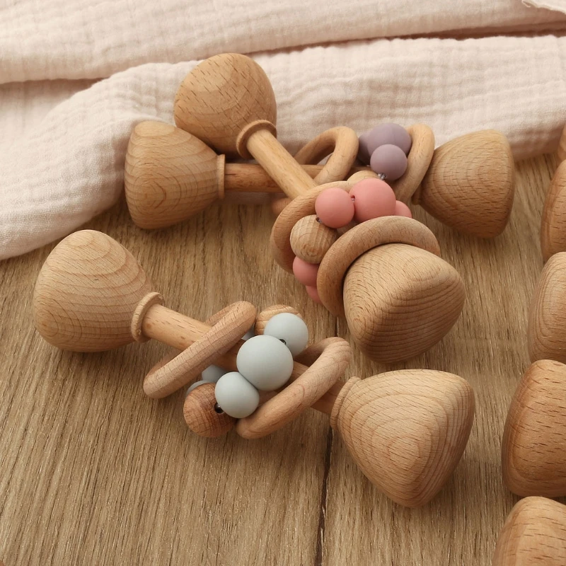 

1pc Baby Teether Wooden Music Rattle BPA Free Wooden Gym Ring Rodent Silicone Beads Newborn Educational Montessori Toys